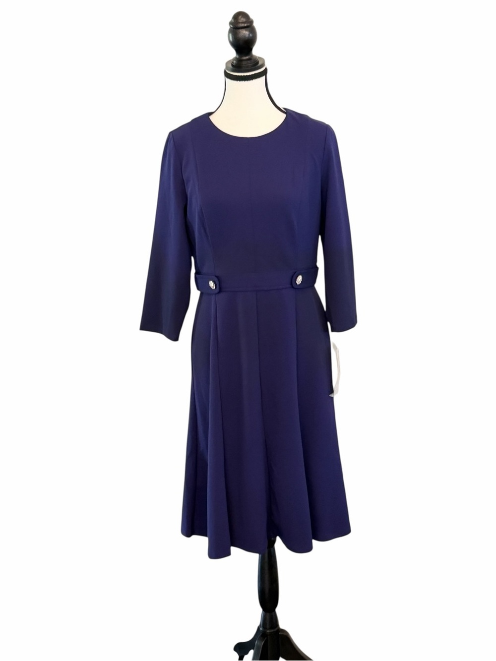 NWT London Times Petite Navy Fit & Flare Knee-Length Jeweled Detail  10P